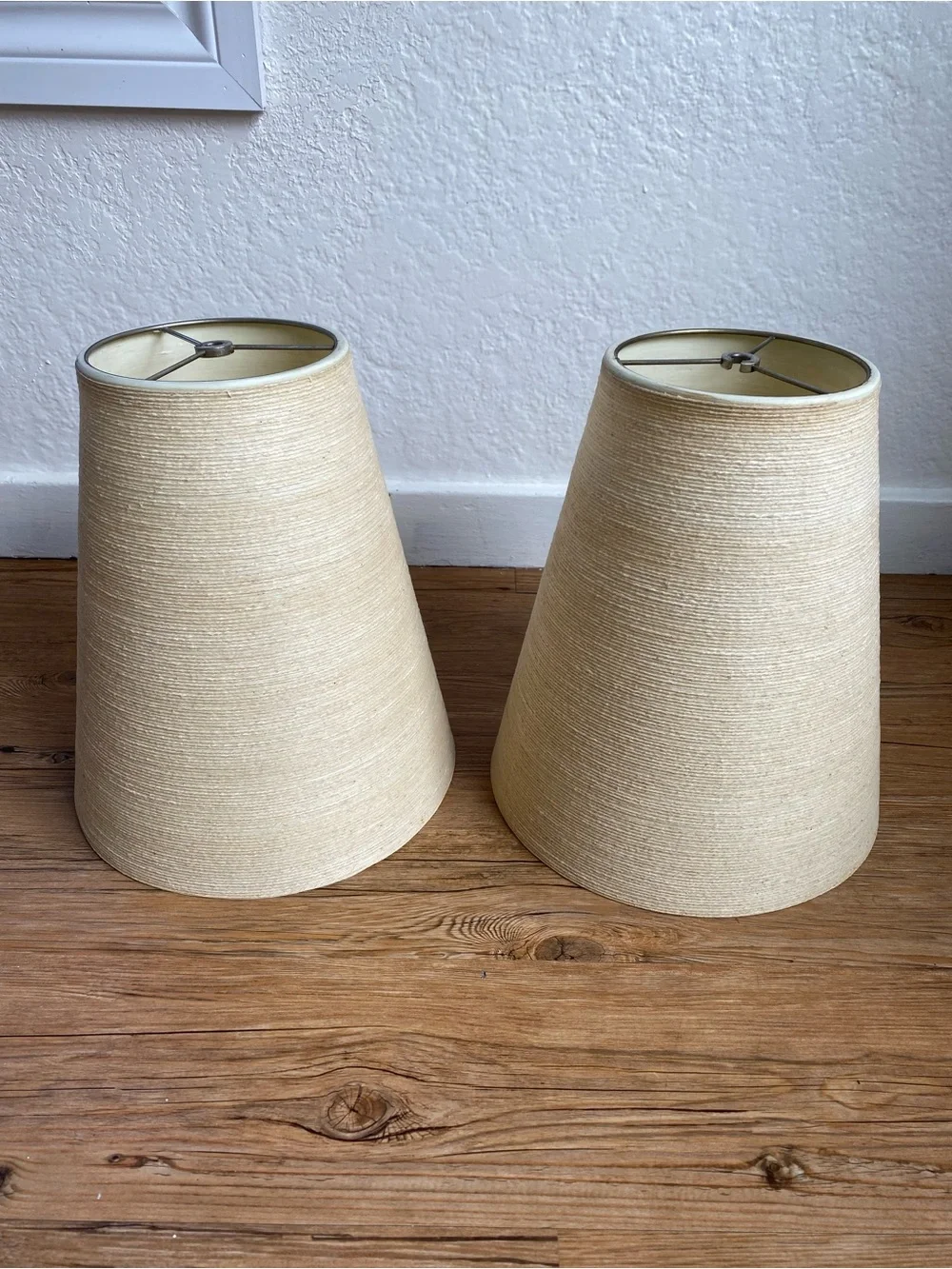 EUC True Vintage MCM Lotte Bostlund Set 2 Fiberglass Jute String 13” Lampshades